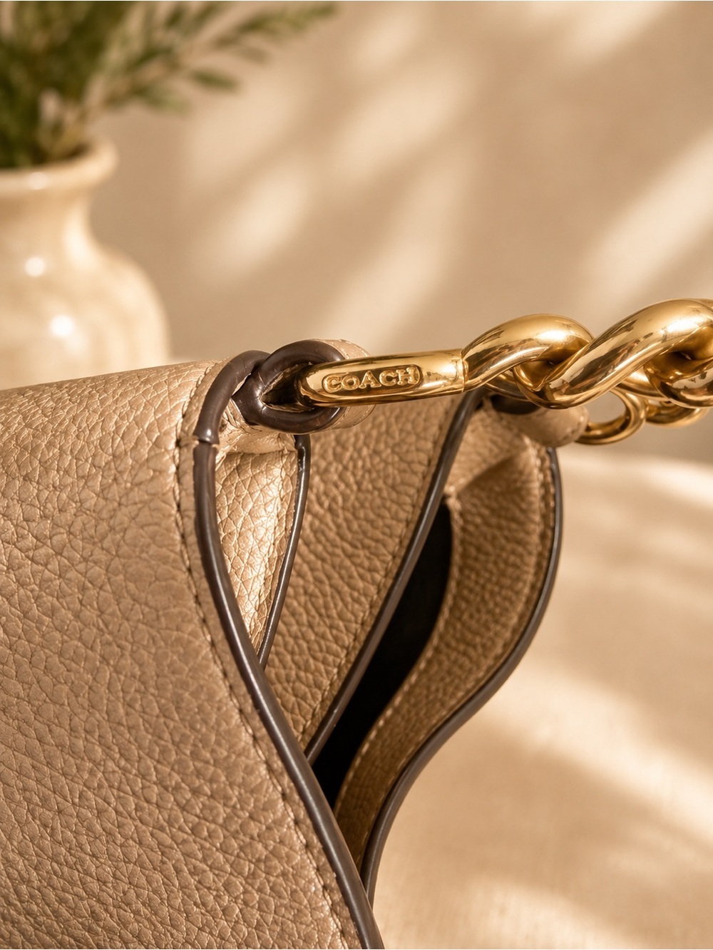 Coach Metallic Champagne Pebbled Leather Chain Shoulder Hobo Bag Gold - Picture 5 of 12